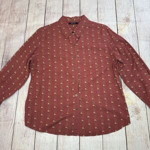 Vtg Krazy Kat Women's L Flowers Red Woven Button Up Shirt Long Sleeve Heavy‎